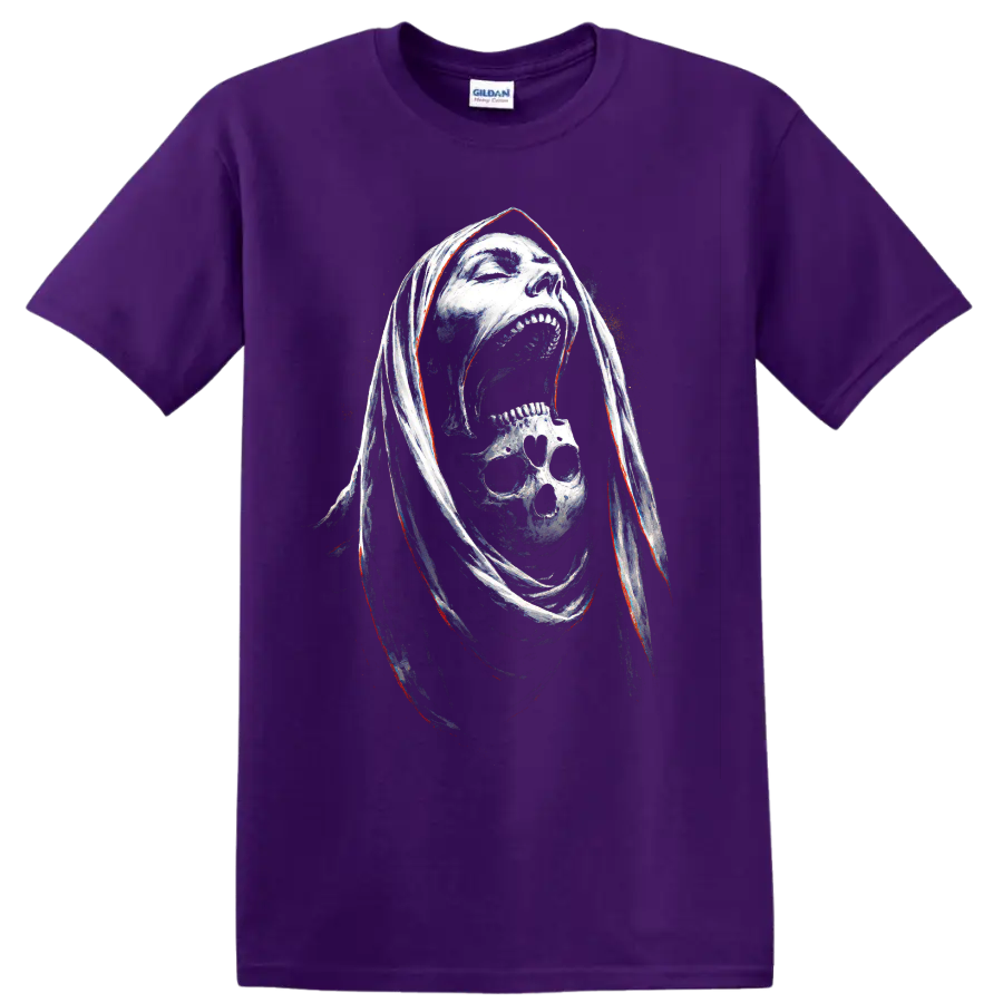 Hooded reaper skull graphic with screaming face and smaller skull on a Purple T Shirt