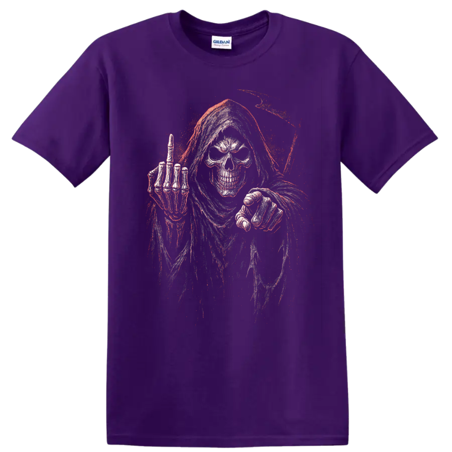Distressed grim reaper skull gothic horror skeleton graphic on a Purple T Shirt