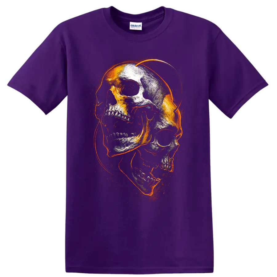 Fiery distressed gothic skull skeleton graphic with orange sparks on a Purple T Shirt