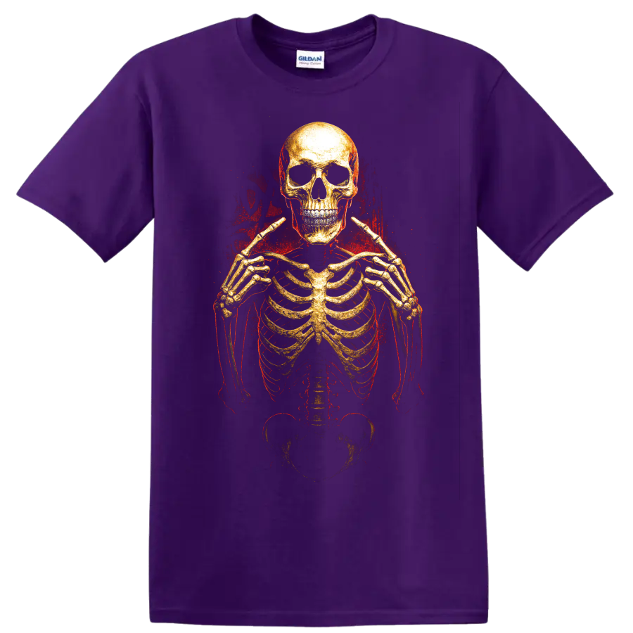 Golden skeleton skull graphic with red grunge horror styling on a Purple T Shirt