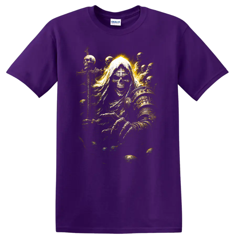 Hooded skull reaper in ornate golden armor with ghostly smoke on a Purple T Shirt