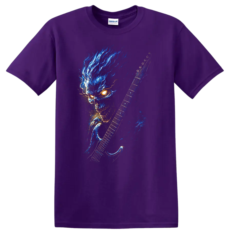 Blue flame skull with electric guitar gothic rock graphic on a Purple T Shirt