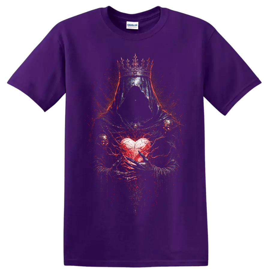 Crowned hooded skull with red heart gothic horror graphic on a Purple T Shirt