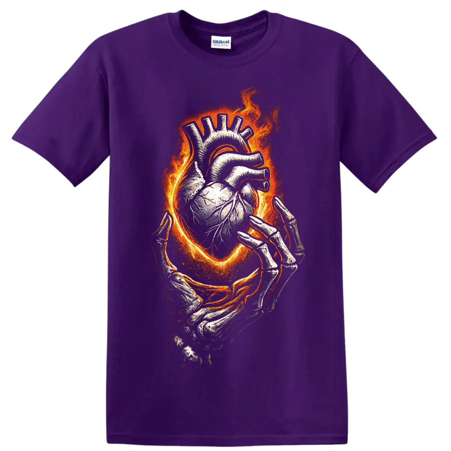 Flaming anatomical heart held by skeletal hands with gothic horror artwork on a Purple T Shirt