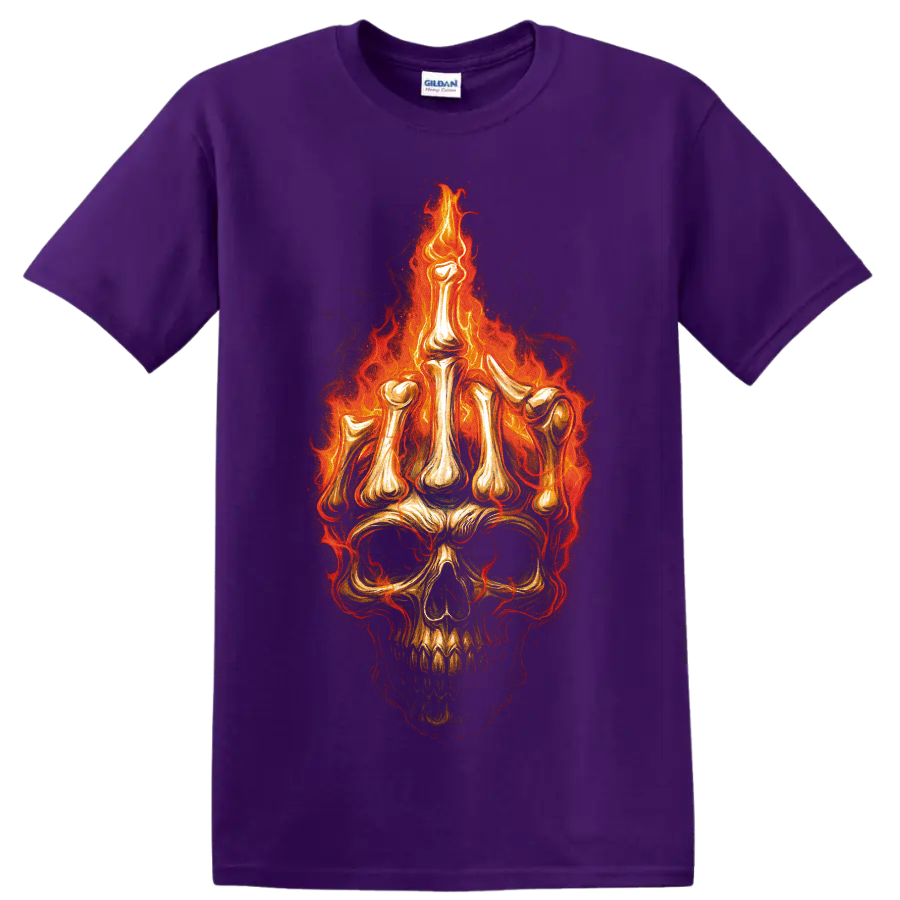 Flaming skull graphic with glowing gothic fire and distressed dark art on a Purple T Shirt