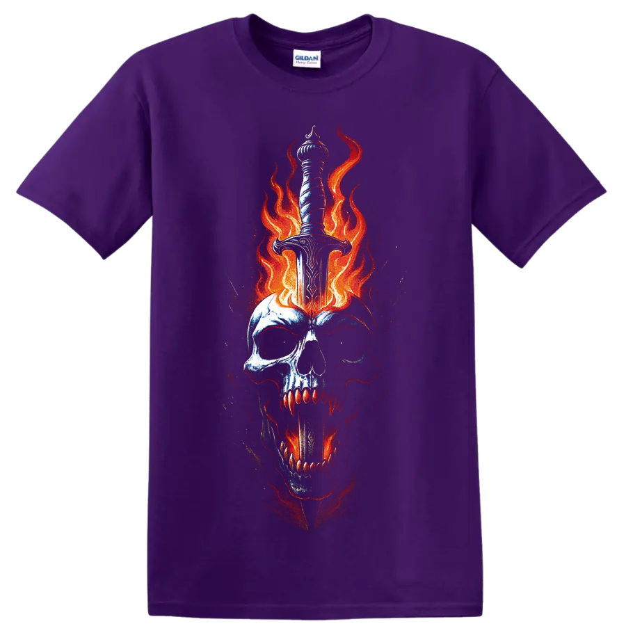 Fiery skull pierced by a dagger with red-orange flames, gothic horror art on a Purple T Shirt