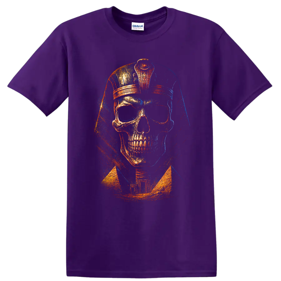 Distressed skull police officer cap graphic with red, blue, and gold artwork on a Purple T Shirt