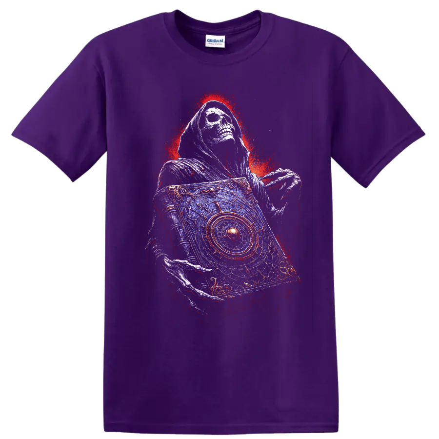 Hooded skull holding an ornate occult card in distressed gothic art style on a Purple T Shirt