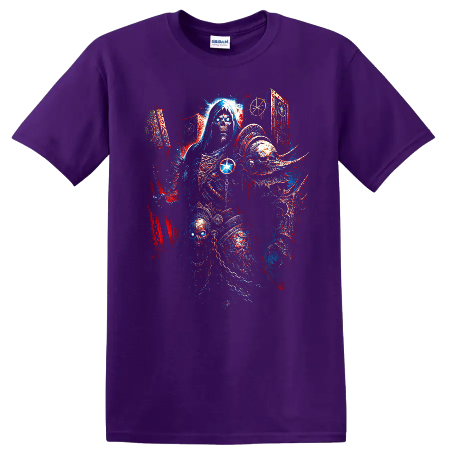 Hooded skull reaper gothic fantasy horror graphic print on a Purple T Shirt