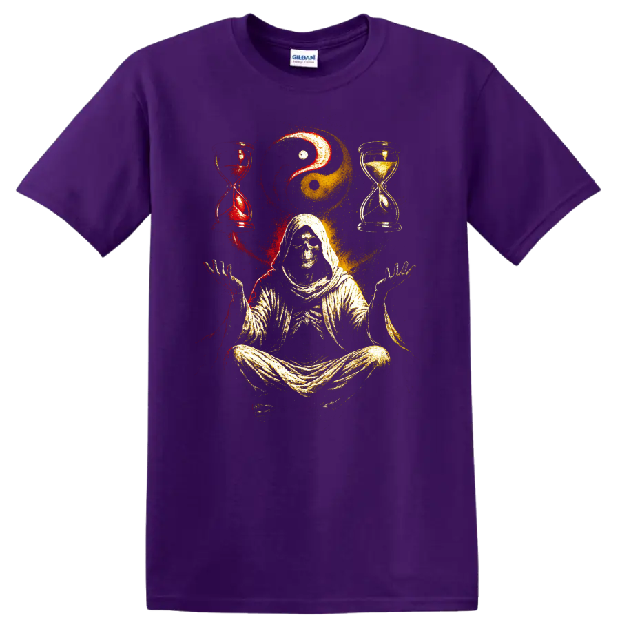 Hooded skull reaper meditating with yin yang and red-gold hourglasses on a Purple T Shirt