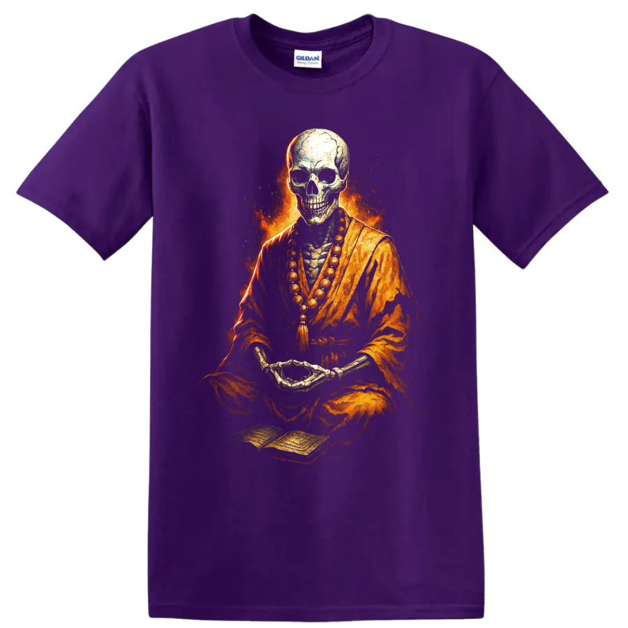 Fiery meditating skull skeleton in orange robes with prayer beads on a Purple T Shirt