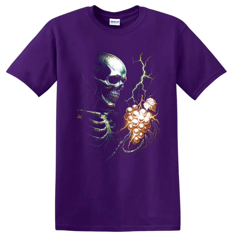 Gothic skeleton holding glowing grapes with branching lightning on a Purple T Shirt