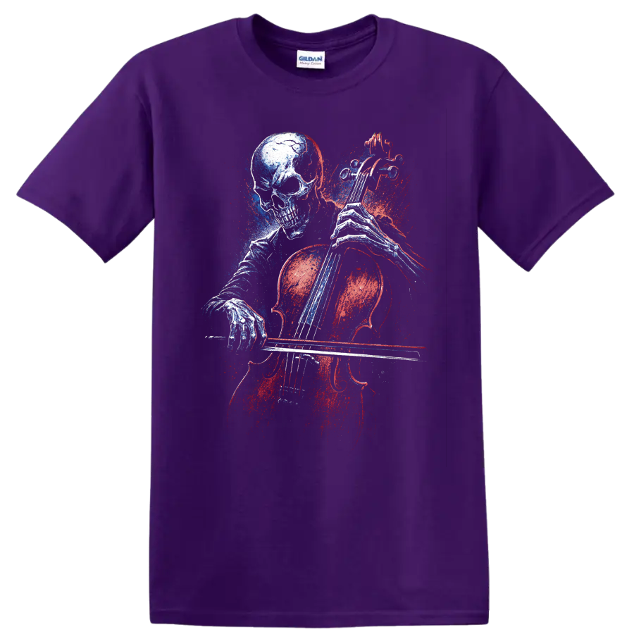 Gothic skull playing cello in distressed red and blue graphic art on a Purple T Shirt