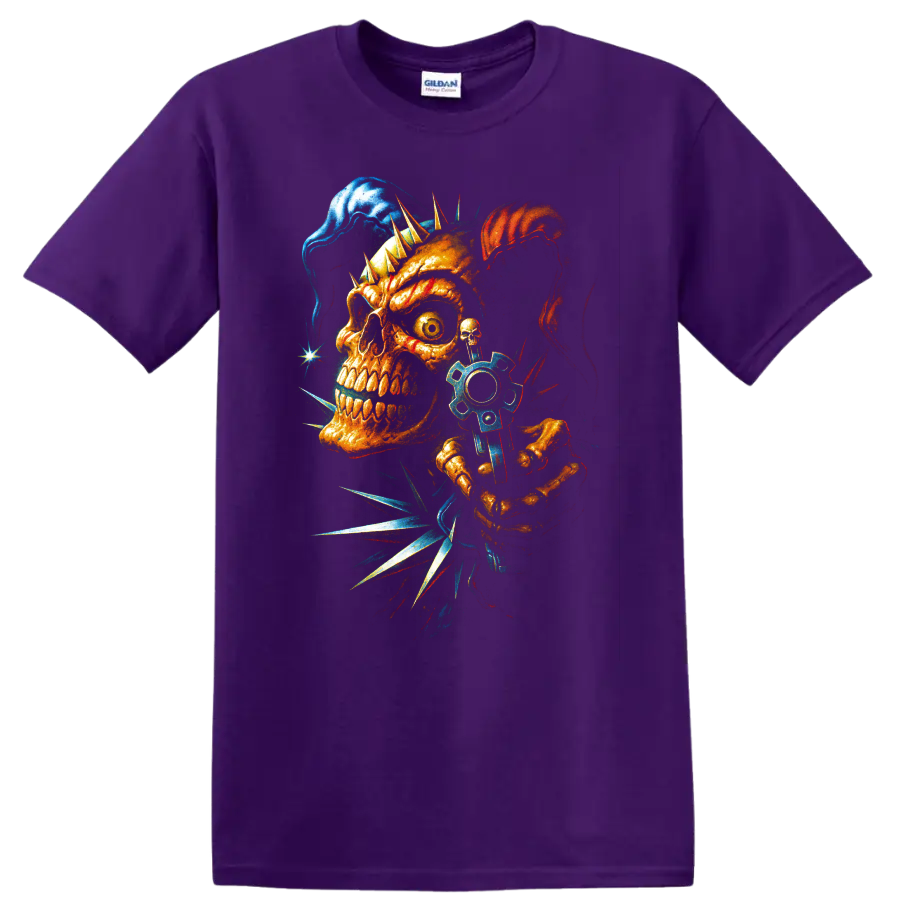Punk skull with spikes and blue gear gothic horror graphic art on a Purple T Shirt