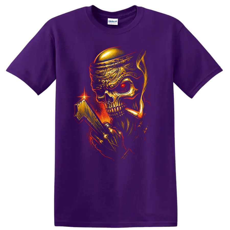Pirate skull with ornate hat and golden cutlass gothic graphic on a Purple T Shirt