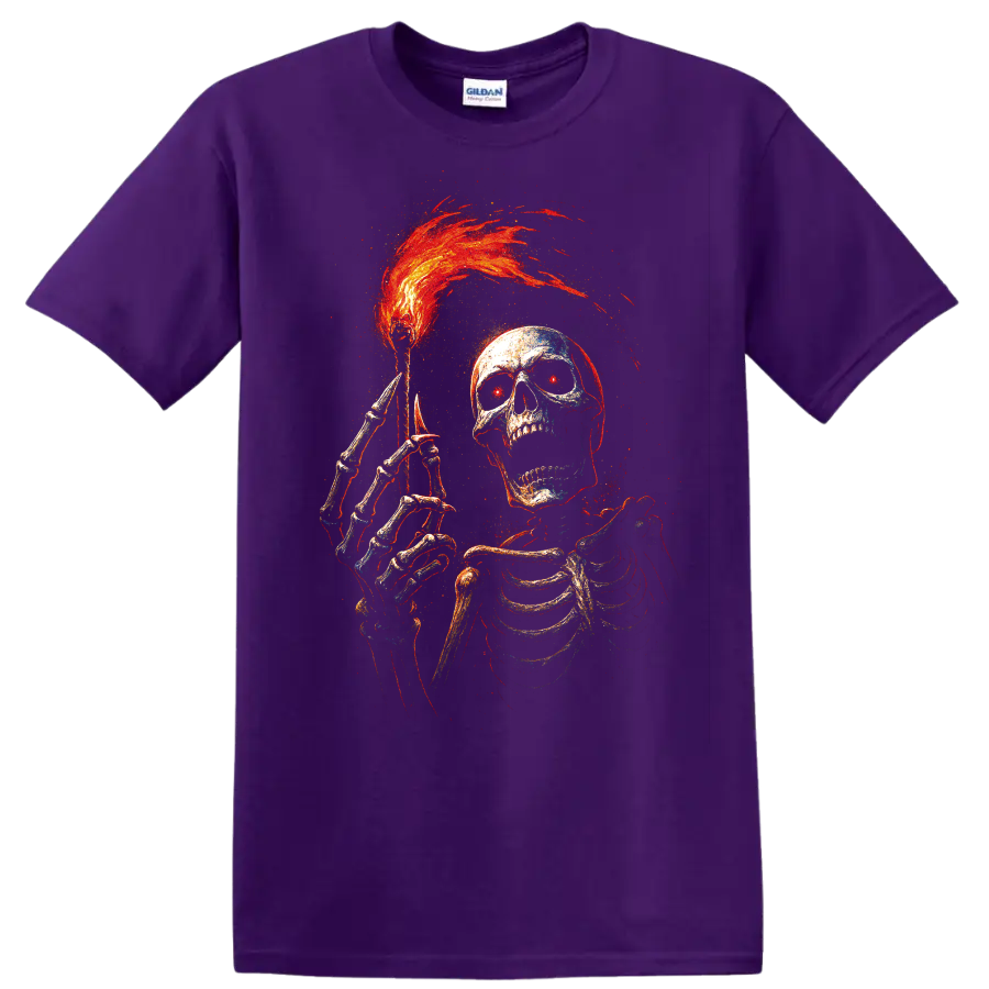 Flaming skull and skeleton gothic horror graphic with red and orange flames on a Purple T Shirt