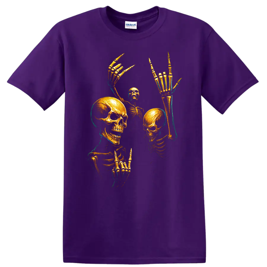 Gold skull skeleton gothic horror graphic with raised bony hands on a Purple T Shirt