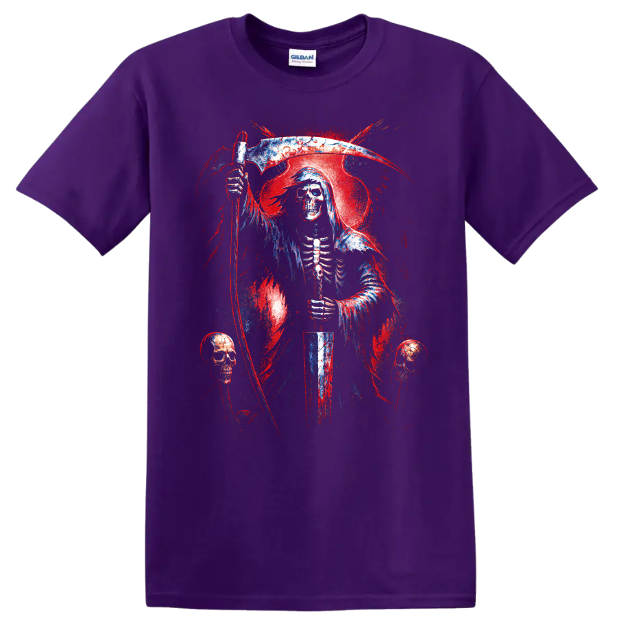 Grim reaper skull holding a scythe in distressed gothic horror art on a Purple T Shirt