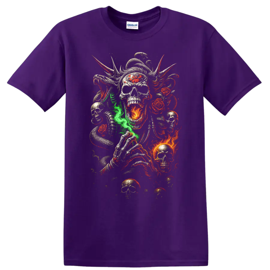 Gothic skull with snakes, roses, flames, and skeletal hand graphic on a Purple T Shirt