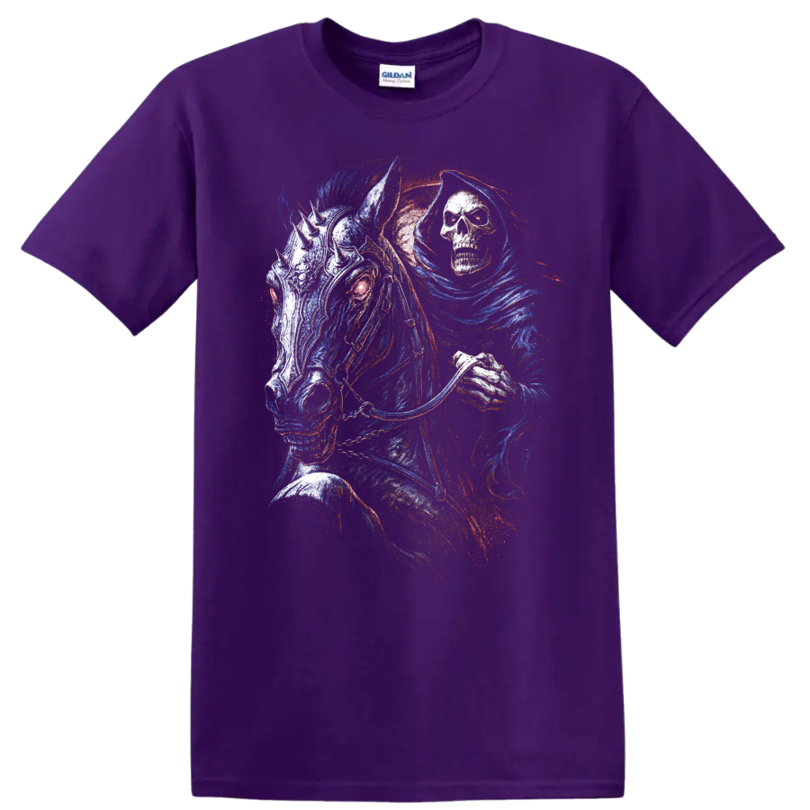 Colorful gothic skull horse and grim reaper fantasy illustration on a Purple T Shirt