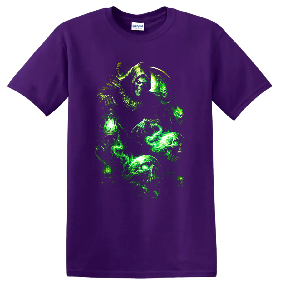 Glowing green gothic skulls with a hooded figure and lantern on a Purple T Shirt