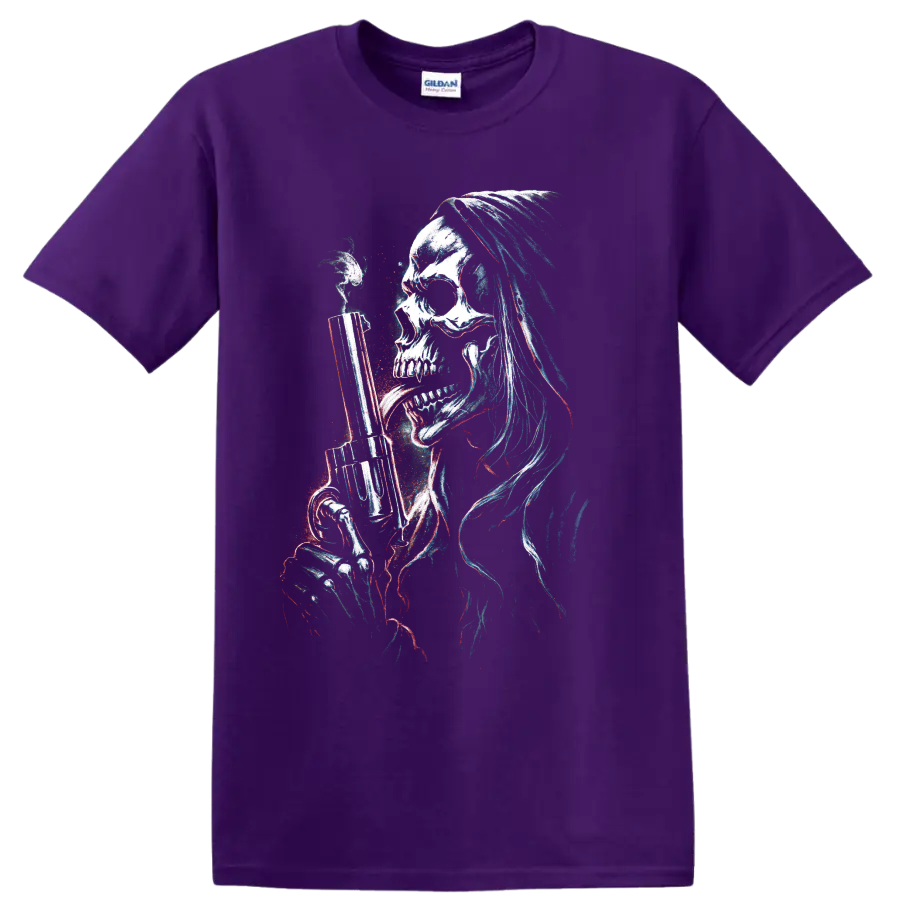 Long-haired skull holding a handgun in distressed glitch gothic art on a Purple T Shirt
