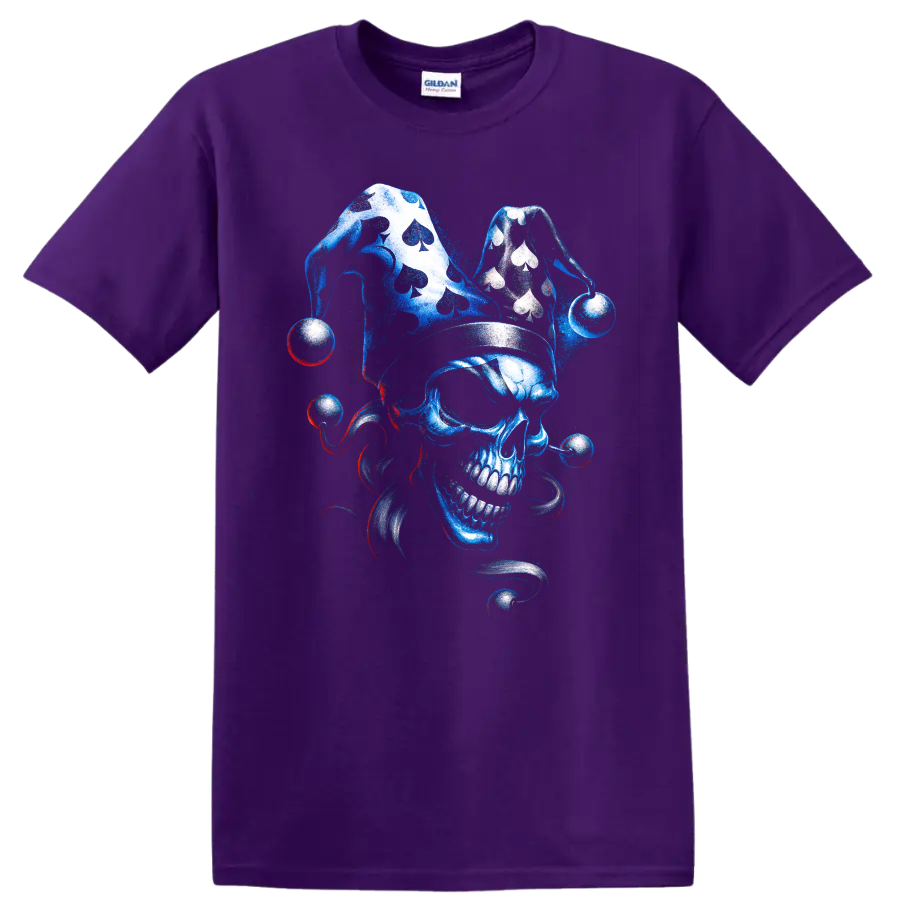 Blue skull jester with playing-card symbols and gothic swirling accents on a Purple T Shirt