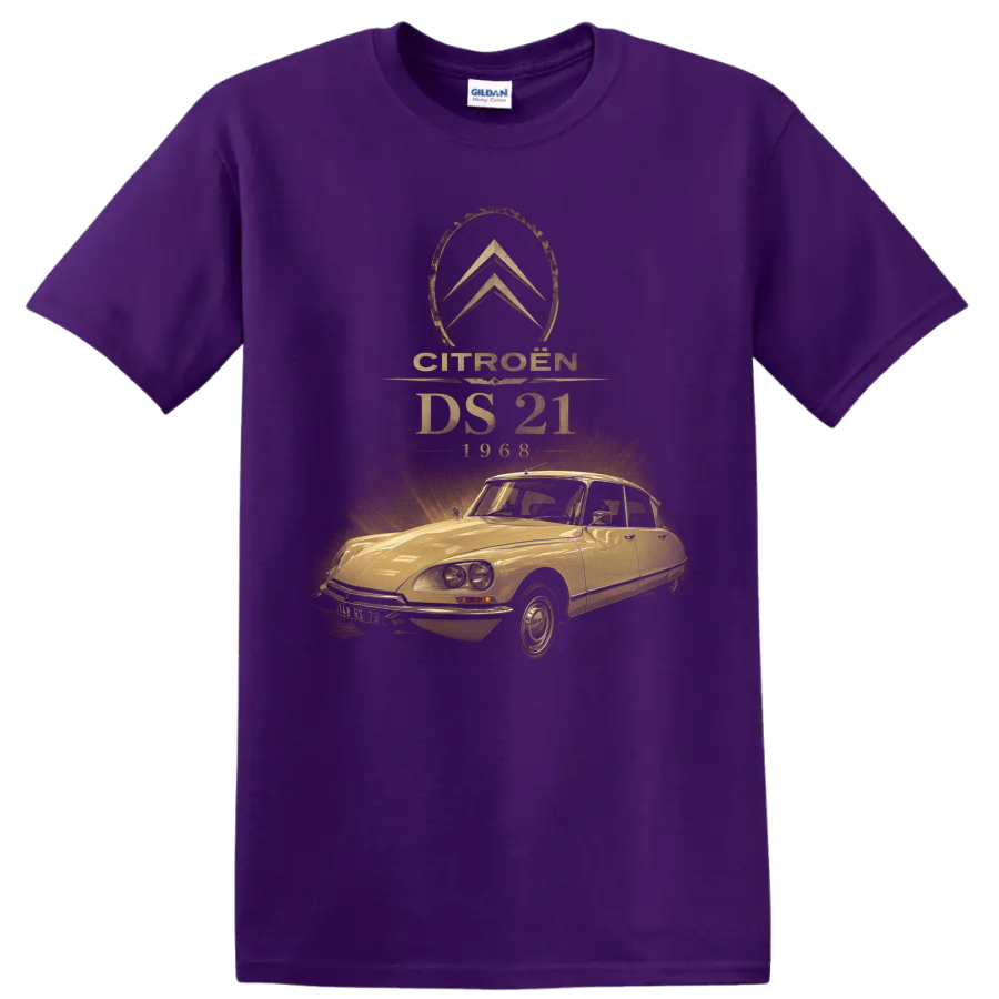 Citroën DS 21 1968 vintage distressed classic car graphic on a Purple T Shirt