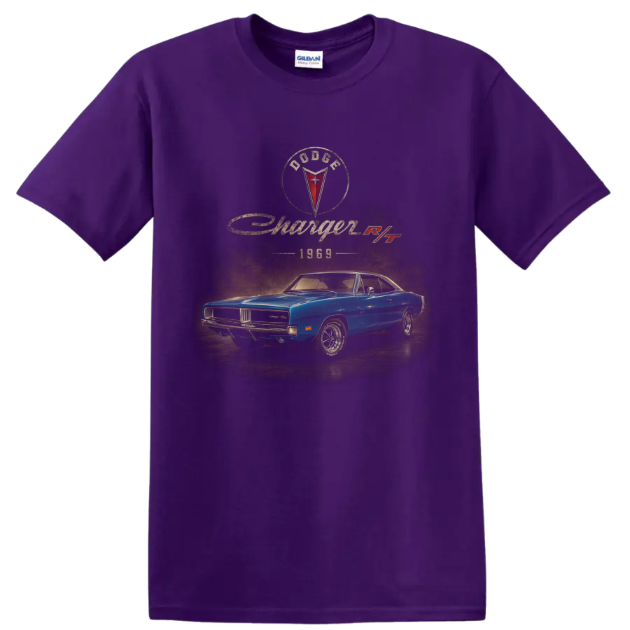 1969 Dodge Charger RT vintage blue muscle car graphic with retro lettering on a Purple T Shirt