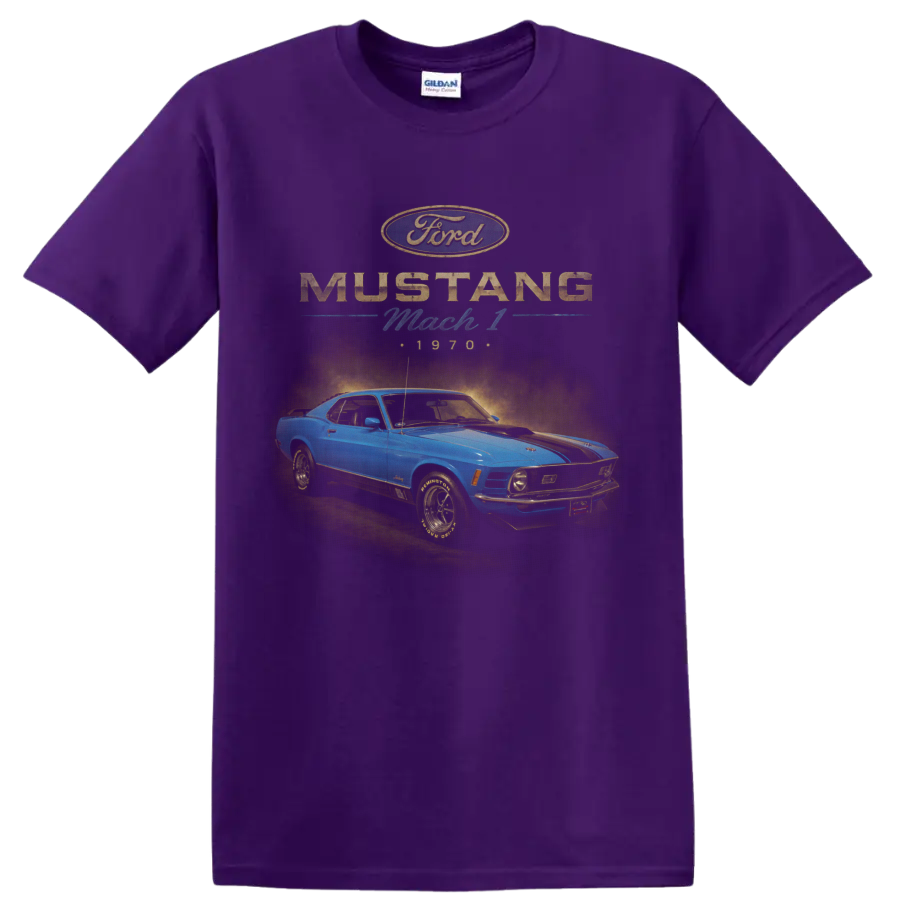 1970 Ford Mustang Mach 1 blue classic car graphic with retro lettering on a Purple T Shirt