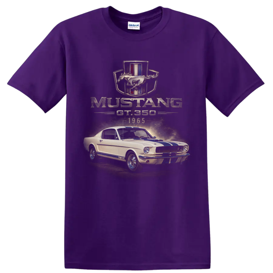 1965 Ford Mustang GT350 vintage fastback car graphic with blue stripes on a Purple T Shirt