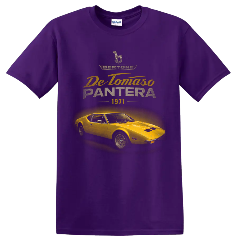 Vintage De Tomaso Pantera 1971 yellow sports car graphic with retro lettering on a Purple T Shirt