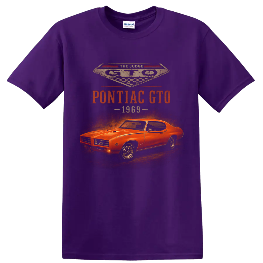 1969 Pontiac GTO vintage muscle car graphic with retro racing text on a Purple T Shirt