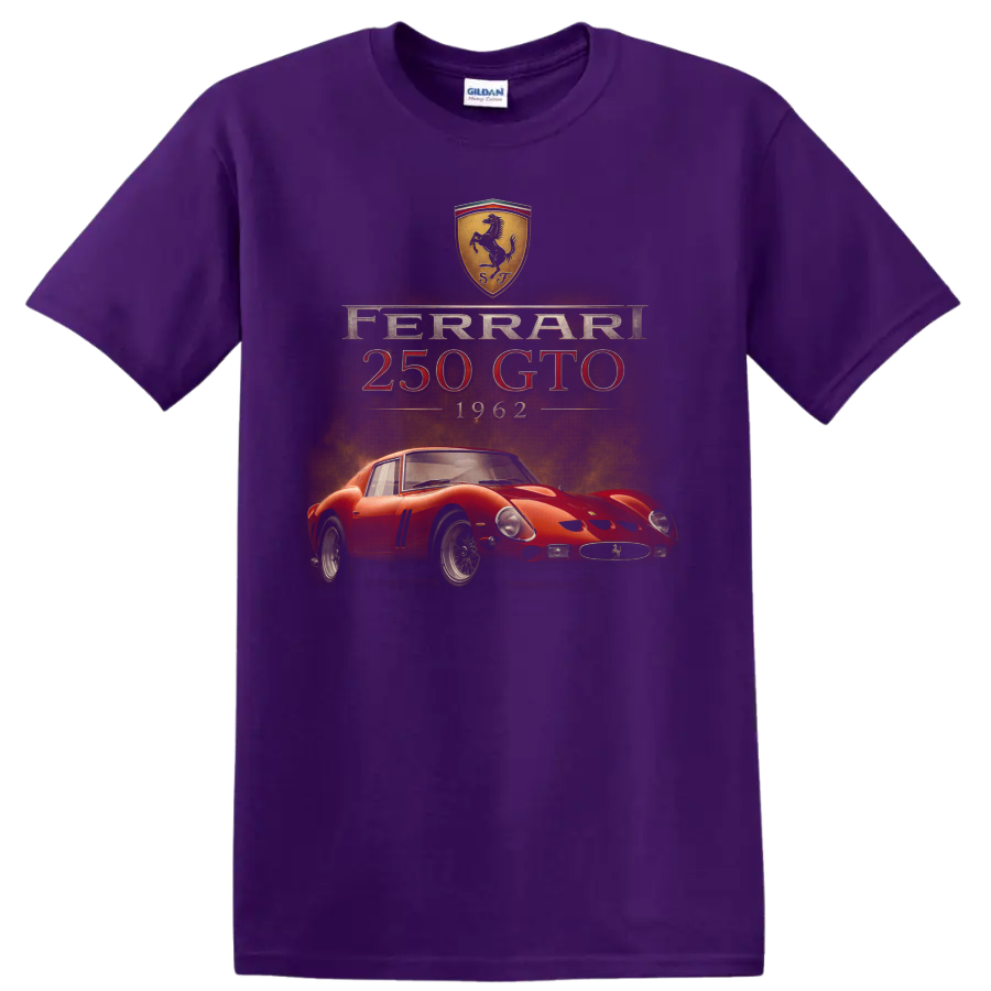 Ferrari 250 GTO 1962 vintage racing car graphic with visible text on a Purple T Shirt