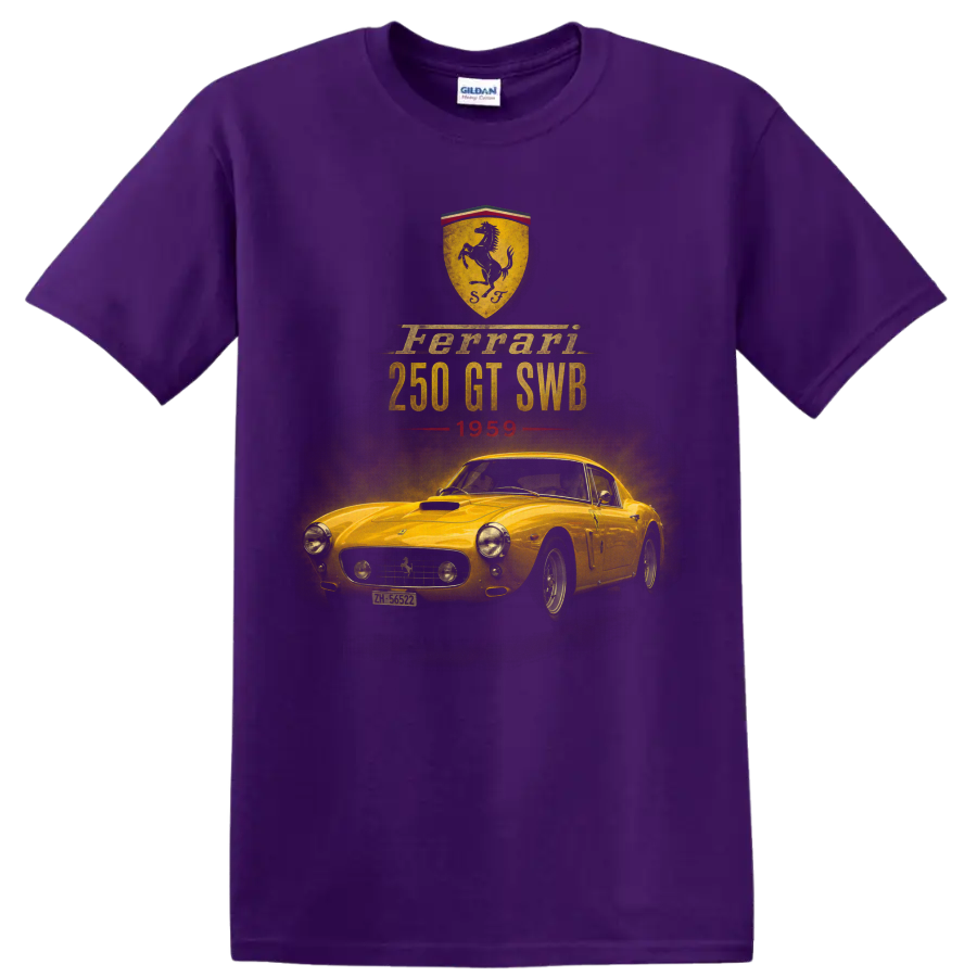 Ferrari 250 GT SWB 1959 vintage classic car graphic with shield crest on a Purple T Shirt