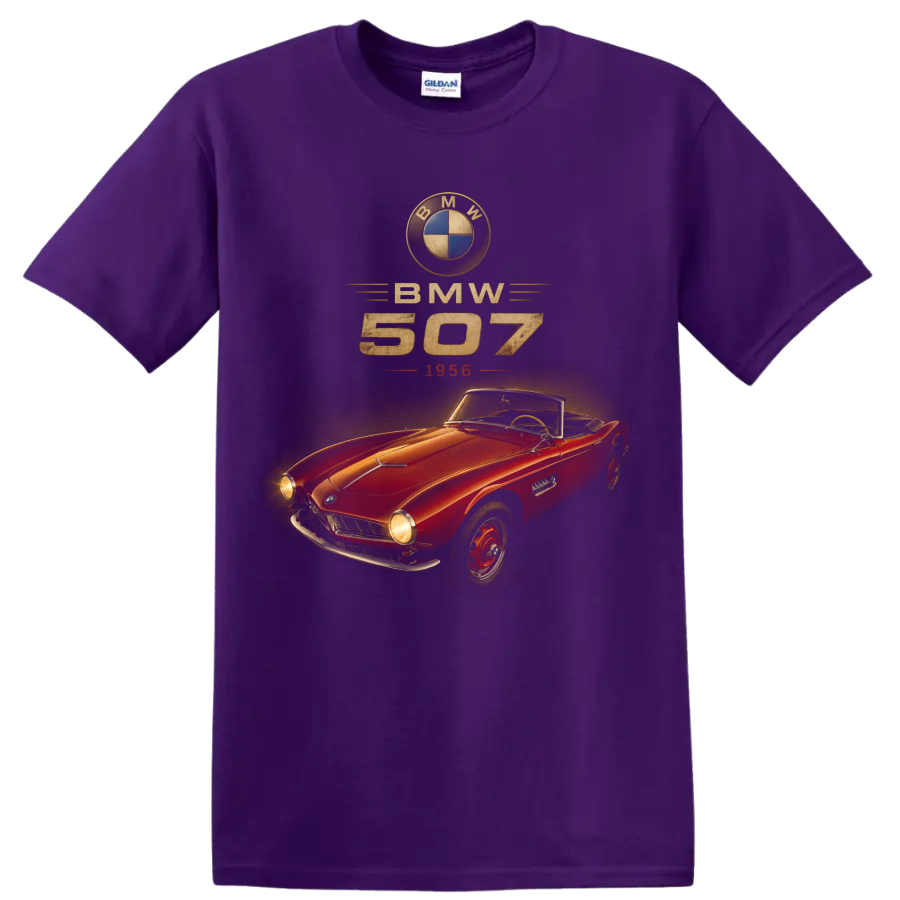 Vintage BMW 507 1956 red convertible roadster graphic print on a Purple T Shirt