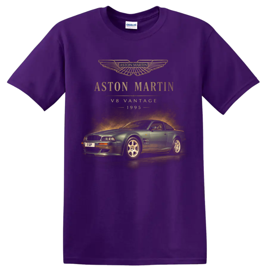 Aston Martin V8 Vantage 1995 vintage car graphic with gold lettering on a Purple T Shirt