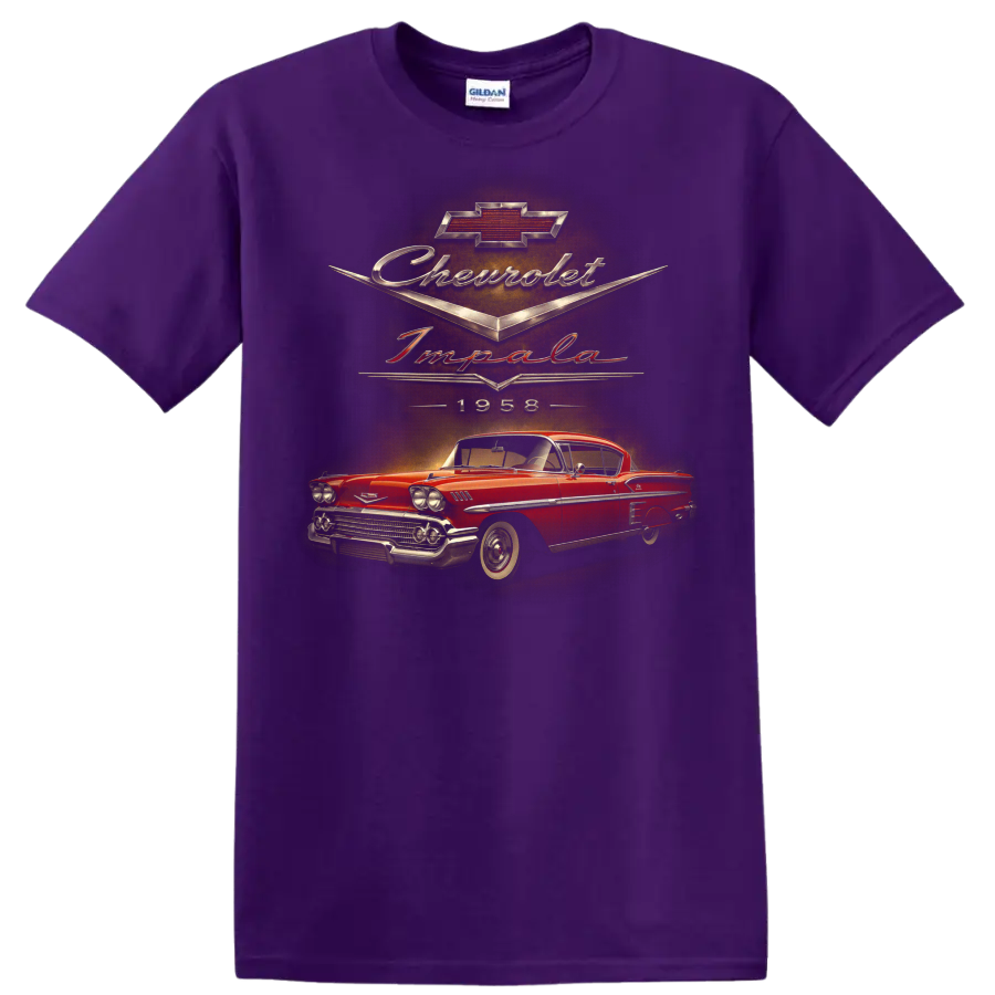1958 Chevrolet Impala vintage red coupe graphic with Chevrolet script on a Purple T Shirt