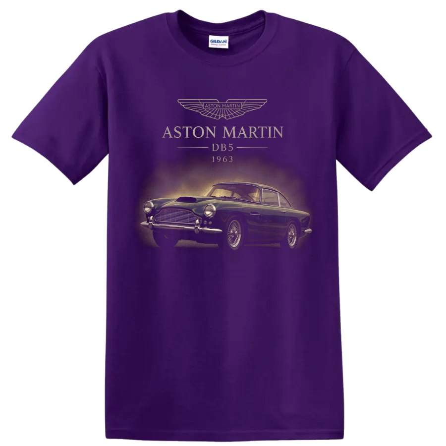 Vintage Aston Martin DB5 1963 classic car graphic with winged emblem on a Purple T Shirt