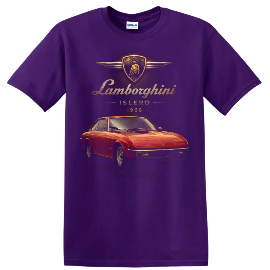 1968 Lamborghini Islero red coupe with vintage gold crest and lettering on a Purple T Shirt