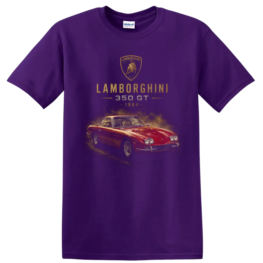 Vintage Lamborghini 350 GT 1964 red classic car graphic with crest on a Purple T Shirt