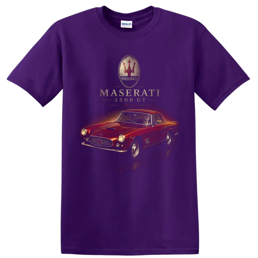 Maserati 3500 GT 1957 vintage red classic car graphic on a Purple T Shirt