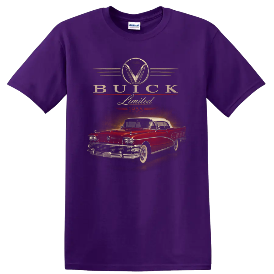 1958 Buick Limited vintage classic car graphic with retro lettering on a Purple T Shirt