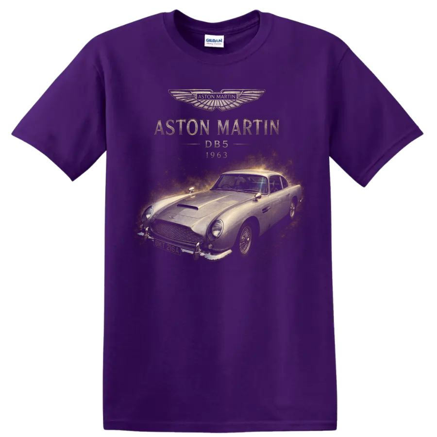 Aston Martin DB5 1963 vintage classic car graphic with gold accents on a Purple T Shirt