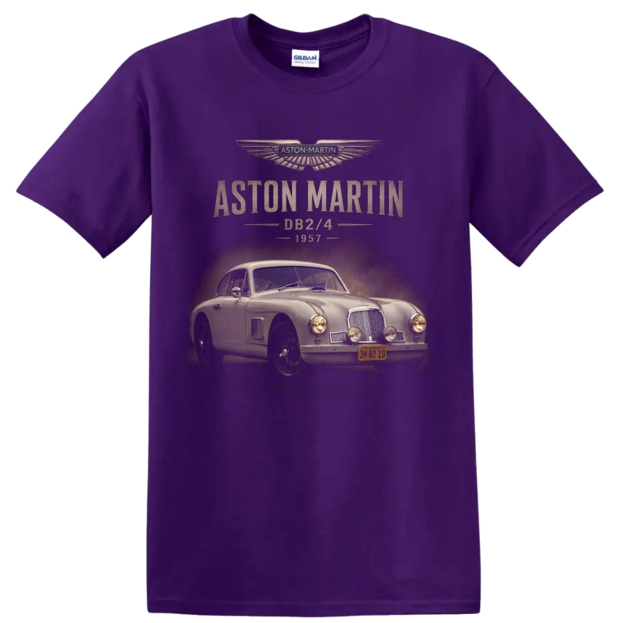 1957 Aston Martin DB2/4 vintage classic car graphic with distressed text on a Purple T Shirt