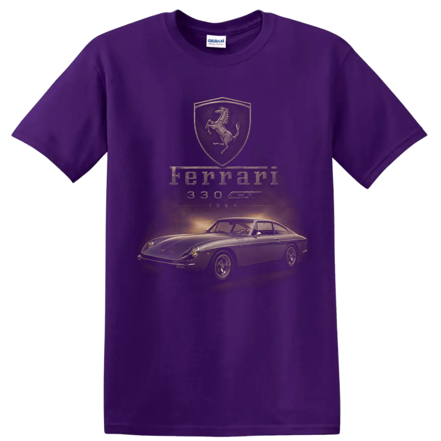 Ferrari 330 GT 1964 vintage classic car graphic with Ferrari shield on a Purple T Shirt