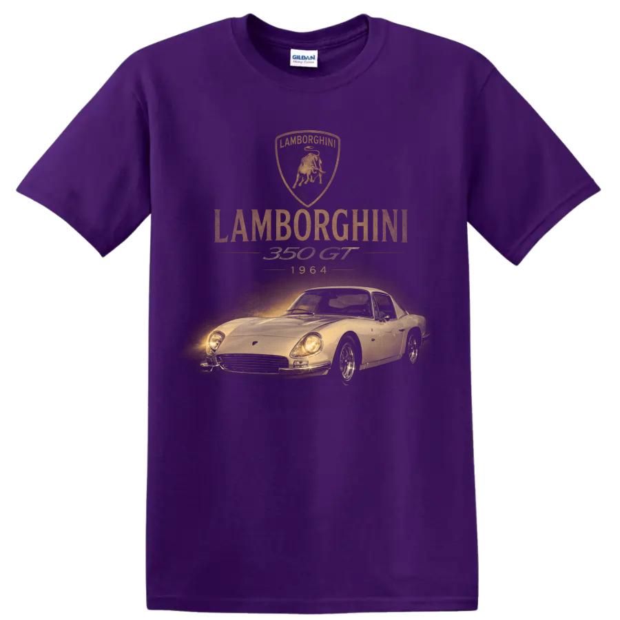 Lamborghini 350 GT 1964 vintage classic car graphic with bull crest on a Purple T Shirt