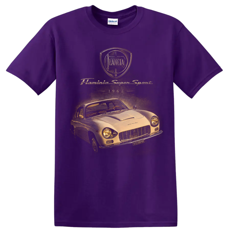 Lancia Flaminia Super Sport 1962 vintage coupe graphic with crest and script on a Purple T Shirt