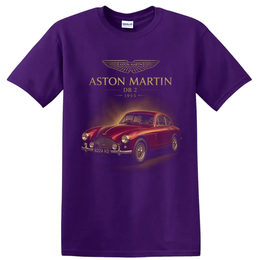 Aston Martin DB2 1955 vintage red coupe with gold lettering on a Purple T Shirt