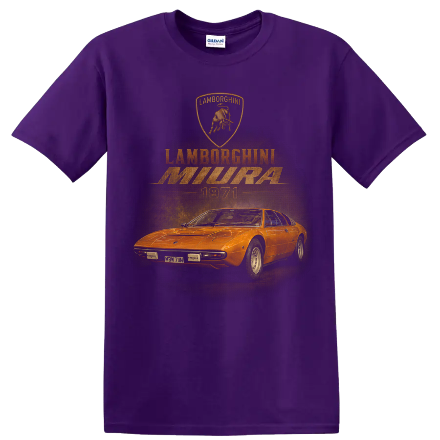 Lamborghini Miura vintage orange sports car graphic on a Purple T Shirt